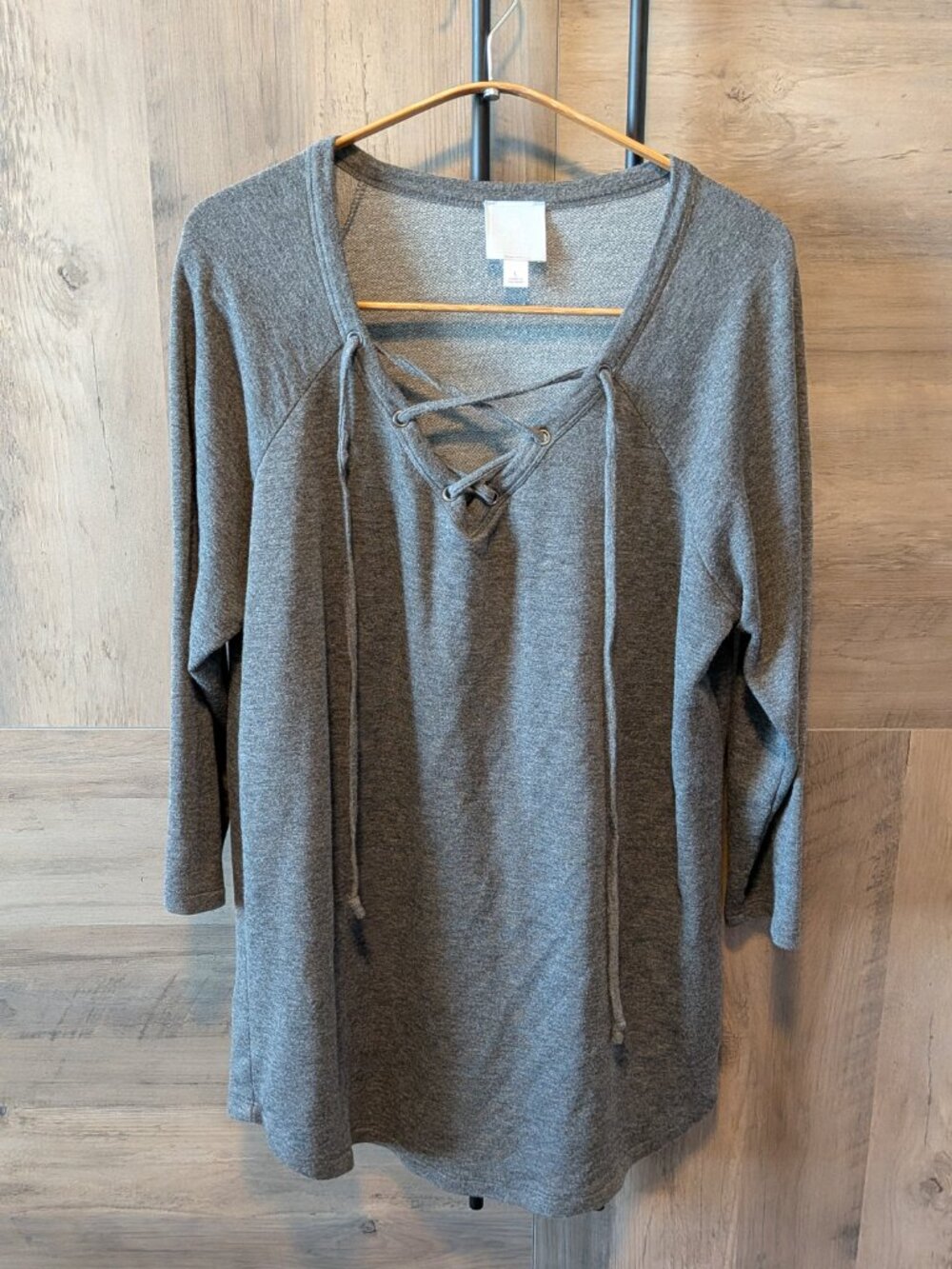 Sunday Women's Lace-Up V-Neck Sweater - Charcoal Gray, Comfy, Baggy, L